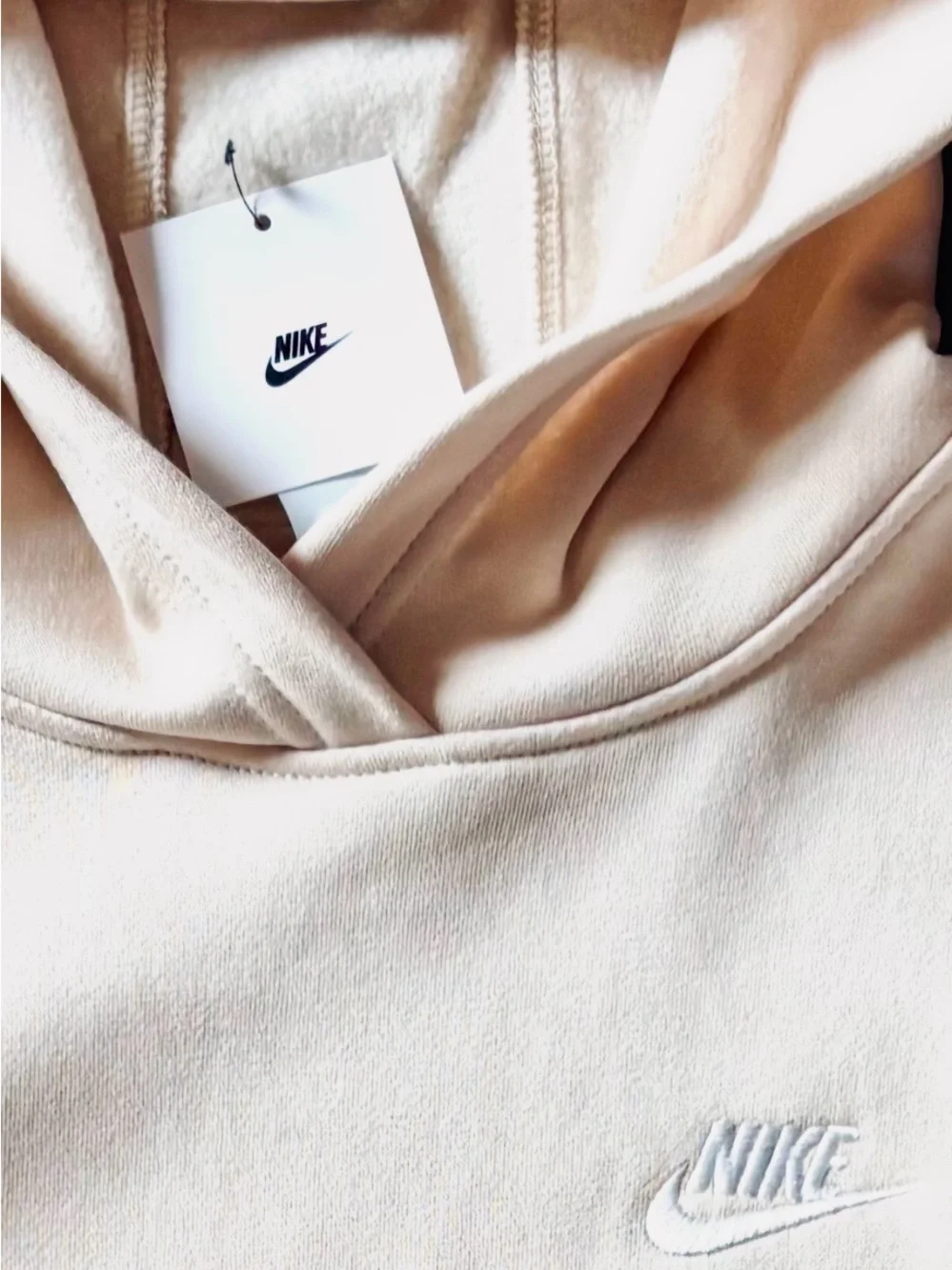 Nike Creamy Tan Pullover Hoodie with Embroidered White Nike Swoosh  Kids Large